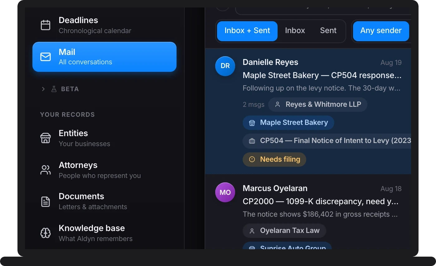 Aldyn running on a laptop: the Mail view listing attorney threads, each tagged with its business, its IRS notice, and a "Needs filing" flag.