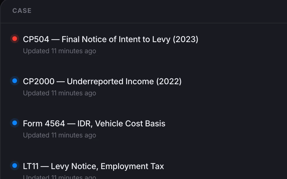 A list of Aldyn cases: CP504 Final Notice of Intent to Levy, CP2000 Underreported Income, Form 4564 IDR, and an LT11 levy notice.