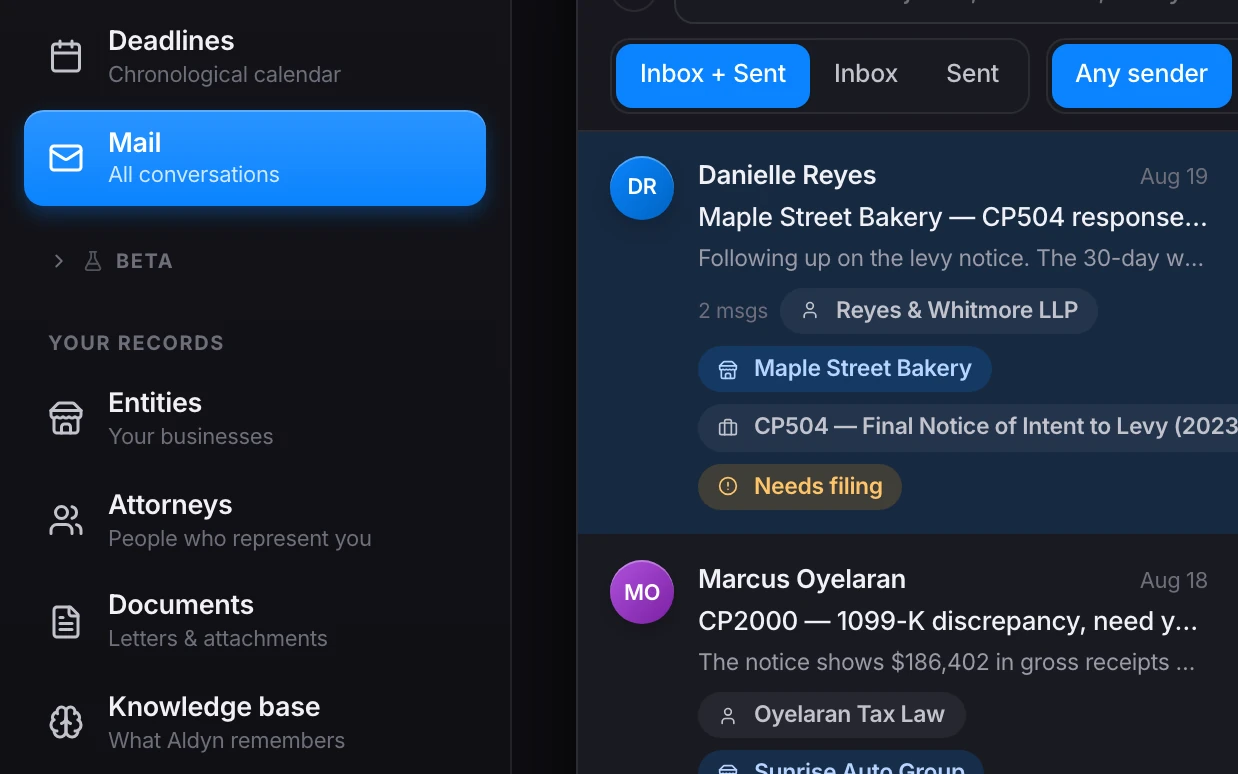 Aldyn's Mail view: a sidebar with Deadlines, Mail, Entities, Attorneys, Documents and Knowledge base, beside threads tagged by business and IRS notice.